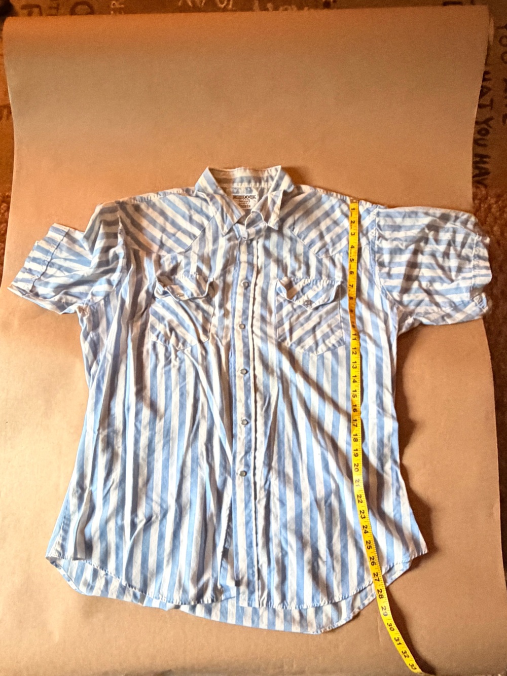Ruddock Blue and White Striped Short-Sleeve pearl snap Button-Up Shirt Sz Medium